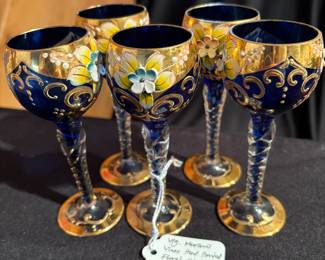 Vintage Murano Vimax hand painted floral glass cobalt blue set of 5