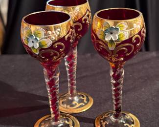 Murano Glass Ruby Gilded Enamel Flower Liqueur Glasses set of 3