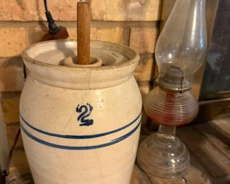 Butter Churn, Oil Lamp