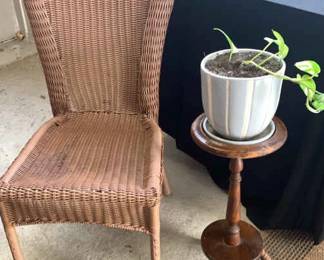 Wicker Chair Wooden Stand  Plant Not Included
