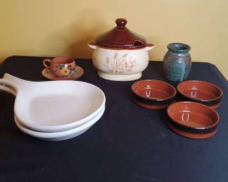 Vintage Stoneware Soup Crock And Accessories 