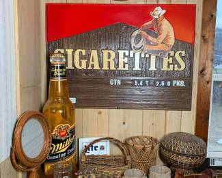Miller wall clock, small new sign, and giant bottle light advertising