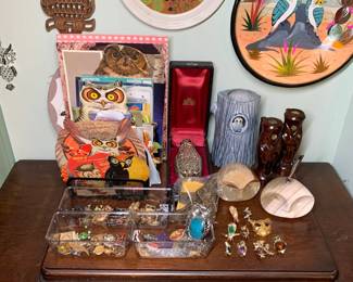 owl stationary, owl pins, and owl brooches