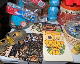 View Masters, owl masks, Pokemon birthday party hats, vintage marbles