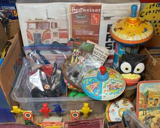 Additional horror toys by Aurora, vintage tin toys - spin tops,  and a rare set of 2 brand new Peterbilt Budweiser trucks