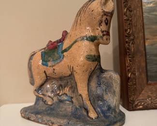 Pair of early 1900s art pottery glazed Persian (Iran today) Qajar horse figures 