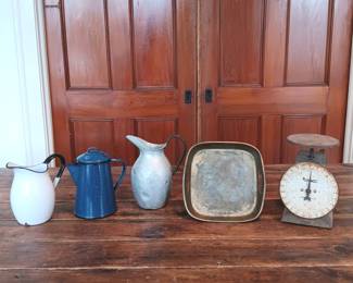 Pitchers, coffee pot, tray, and scale