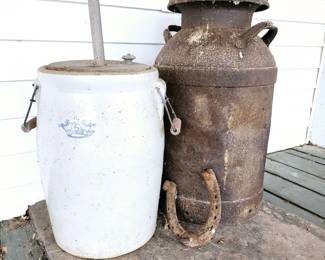Butter churn, milk jug, horse shoe