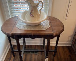 Vintage wooden style table, bowl/pitcher