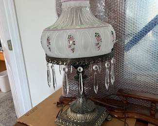 Ornate brass Pedestal lamp with hand painted ALADDIN shade & crystals