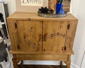 Handmade carved cowboy storage chest