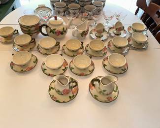 Vintage desert rose dishes and glassware sets with serving items-