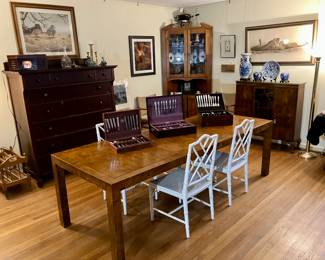 Banquet sized John Stewart burled dining table with two leaves