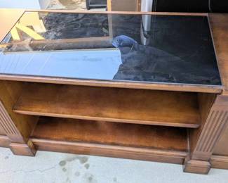 Vintage Wood with Glass Insert Entertainment Console, hidden storage space at each end