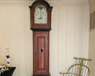 Early 19th c. American tall case clock. Moon phase, signed Jacob Haller, Aaronsburgh (PA).  Primitive marquetry cabinet.
