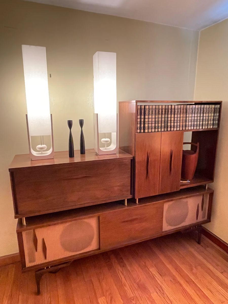 INCREDIBLE Near Mint Vintage Mid-Century Modern 2 Piece 1960s Bogen Stereo High Fidelity Console Cabinet W/ Drop Down Bar, Bookcase, Speakers, Gerrard Turntable, & ORIGINAL Paperwork/Manuals