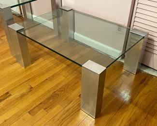 Set Of 2 Mid-Century Modern Brueton Glass W/ Chrome Legs End Table & Coffee Table