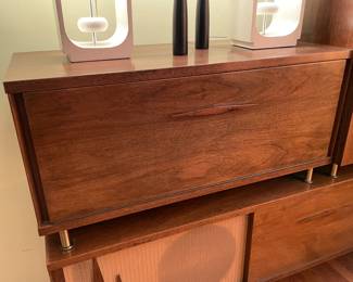 INCREDIBLE Near Mint Vintage Mid-Century Modern 2 Piece 1960s Bogen Stereo High Fidelity Console Cabinet W/ Drop Down Bar, Bookcase, Speakers, Gerrard Turntable, & ORIGINAL Paperwork/Manuals