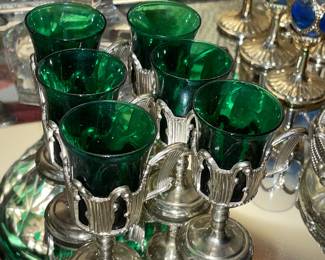 Pewter Holder W/ Green Glass Shot Glasses
