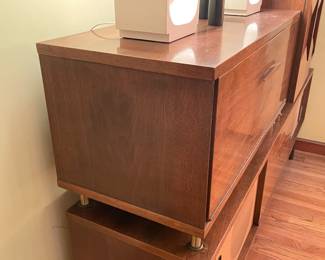 INCREDIBLE Near Mint Vintage Mid-Century Modern 2 Piece 1960s Bogen Stereo High Fidelity Console Cabinet W/ Drop Down Bar, Bookcase, Speakers, Gerrard Turntable, & ORIGINAL Paperwork/Manuals