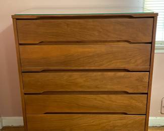 Vintage Mid-Century Modern 5 Drawer Walnut Highboy Dresser By Stanley