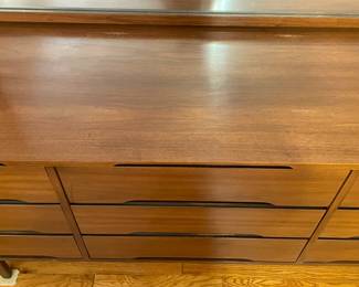 Vintage Mid-Century Modern 9 Drawer Walnut Lowboy Dresser W/ Mirror By Stanley