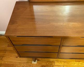 Vintage Mid-Century Modern 9 Drawer Walnut Lowboy Dresser W/ Mirror By Stanley