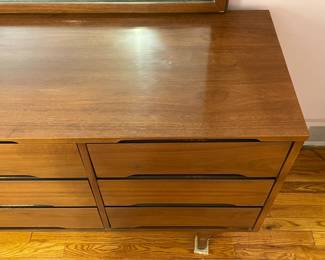 Vintage Mid-Century Modern 9 Drawer Walnut Lowboy Dresser W/ Mirror By Stanley