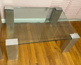 Set Of 2 Mid-Century Modern Brueton Glass W/ Chrome Legs End Table & Coffee Table