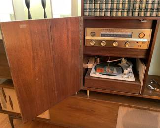 INCREDIBLE Near Mint Vintage Mid-Century Modern 2 Piece 1960s Bogen Stereo High Fidelity Console Cabinet W/ Drop Down Bar, Bookcase, Speakers, Gerrard Turntable, & ORIGINAL Paperwork/Manuals