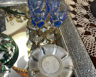 Pewter Holder W/ Blue Glass Shot Glasses & Plates