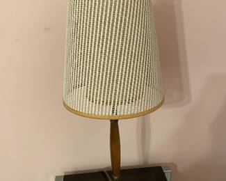 Vintage Mid-Century Modern Table Lamp W/ Marble Base, Wooden & Brass Center, & Original Mesh 2 Layer Lampshade