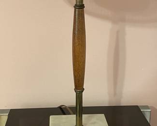 Vintage Mid-Century Modern Table Lamp W/ Marble Base, Wooden & Brass Center, & Original Mesh 2 Layer Lampshade