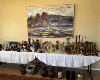Oil painting, candlestick and pottery items.