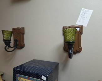 #60 1970's Plastic Wall Sconces w/green Glass Votives - 7" Tall x 5" W - set of 2 $30.00