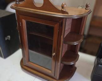 #18 Wood Wall Display Cabinet w/front Door and Side Curved Display Shelves - 19x9x23 (very minor finish issues) $75.00
