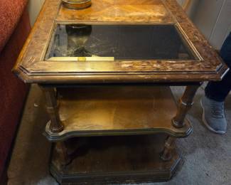 #30 Wood End Table w/Side Door and 2 shelves w/glass inset top (as is finish issues) - 22x26x22 $20.00