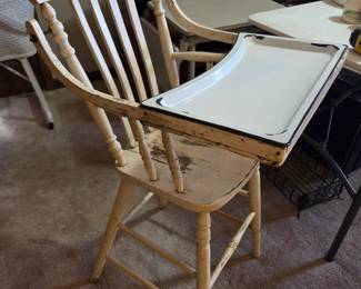 #26 White Distressed Kids High Chair (as is paint finish and one side small wood piece) $20.00