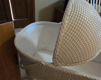 #27 White Wood/Wicker Rolling Bassinet w/handles w/convertible top (legs fold up) - 33x20x38 $25.00