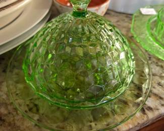 #78 Uranium Glass Round Butter Dish - 2 pc $25.00