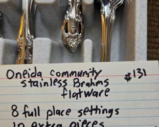 #131 Oneida Community Stainless Brahms flatware 8 full place settings 11 serving pieces 10 extra with a total of 61 pieces $140.00