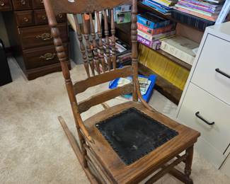 #44 Antique Wood Rocker w/leather Seat and nail head trim $30.00