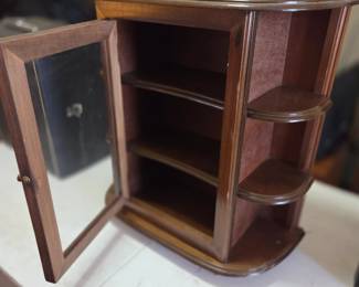 #18 Wood Wall Display Cabinet w/front Door and Side Curved Display Shelves - 19x9x23 (very minor finish issues) $75.00