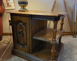 #30 Wood End Table w/Side Door and 2 shelves w/glass inset top (as is finish issues) - 22x26x22 $20.00