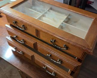 #57 Wood 2 drawer Jewelry Cabinet w/flip-up Glass Top - 11.5x6x7 $25.00