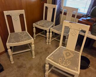 #67 Set of 4 White Painted Wood Dining Chairs (as is paint issues, seat removable) $60.00