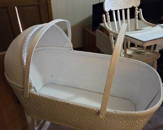 #27 White Wood/Wicker Rolling Bassinet w/handles w/convertible top (legs fold up) - 33x20x38 $25.00