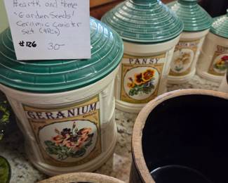 #126 Hearth and Home 'Garden Seeds' ceramic canister set 4pcs $30.00