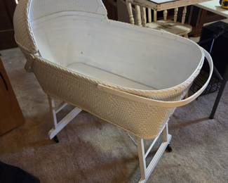 #27 White Wood/Wicker Rolling Bassinet w/handles w/convertible top (legs fold up) - 33x20x38 $25.00