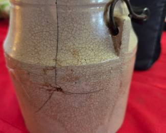 #125 Antique Stoneware crock with lid and metal and wood handle (as-is cracked) $20.00